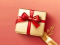 Golden gift box with red ribbon bow on a light red background Christmas decoration vector illustration Royalty Free Stock Photo