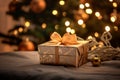 a golden gift box sitting on a bed with a christmas tree in the background Royalty Free Stock Photo