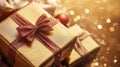 Golden gift boxes adorned with bows, sparkling in festive lights, perfect for celebrations and special occasions Royalty Free Stock Photo