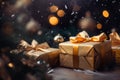 golden gift boxes with christmas lights on the background Royalty Free Stock Photo