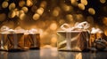 golden gift boxes with christmas lights on the background Royalty Free Stock Photo