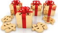 Golden gift boxes with red bows and dollar signs Royalty Free Stock Photo