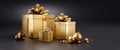 Golden gift boxes in snow in with dark background Royalty Free Stock Photo