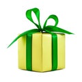 Golden gift wrapped present with green bow Royalty Free Stock Photo