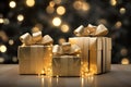 Golden gifts with stunning ribbon bow and festive lights garland. Blurred Christmas background