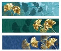 Golden ginkgo biloba banner with grunge