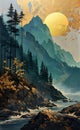 Golden Glades: A Majestic Panorama of Mountain Rivers, Sunlit Tr