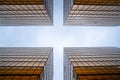 Golden glass building facade in worm eye view in cross view to see the clear sky / abstract architecture / architectural material Royalty Free Stock Photo