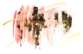 Golden glitter on abstract pink, black and gold watercolor splashes in vintage nostalgic colors.