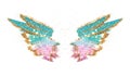 Golden glitter on abstract pink and blue watercolor wings in vintage nostalgic colors.