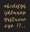 Golden glitter alphabet. Brush glowing vector font. Handdrawn calligraphy font. Royalty Free Stock Photo