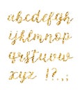 Golden glitter alphabet. Brush glowing vector font. Handdrawn calligraphy font. Royalty Free Stock Photo