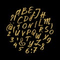 Golden glitter alphabet. Unique glowing font. Handdrawn calligraphy font. Glowing letters. Royalty Free Stock Photo