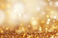 Golden glitter background with bokeh defocused lights and sparkle, Golden confetti on a light background. Festive abstract Royalty Free Stock Photo