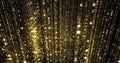 Golden glitter background, gold glittering particles curtain, flowing magic light, falling sparks. Glowing sparks threads Royalty Free Stock Photo