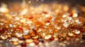 Golden glitter, beautiful bokeh, background texture. Blurred golden background glitter lights