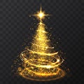 Golden glitter bokeh lights and sparkle stars christmas tree on transparent background. Isolsted light shining abstract