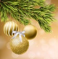 Golden glitter Christmas balls Vector realistic. Shiny baubles on a Christmas tree. Detailed 3d elements illustration Royalty Free Stock Photo