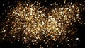 Golden glitter dust on black background. Sparkling splash illustration with gold powder. Bokeh glowing magic mist effect