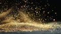 Golden Glitter Dust Particles Exploding on Black Background with Shimmering Light Bokeh and Shiny Metallic Sand, Abstract Festive Royalty Free Stock Photo