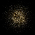 Golden glitter explosion. Bright dust splash. Gold glitter particles splatter. Sparkling firework on black background. Vector illu