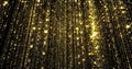 Golden glitter falling particles, sparkling light flow curtain background. Flowing magic light, falling sparks, glowing threads