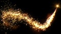 Golden glitter flight with sparkling light. Shining Christmas particles intro