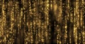 Golden glitter flowing particles with bokeh light sparks backdrop. Gold glitter falling curtain background