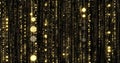 Golden glitter flowing particles threads with bokeh light sparks. Gold glitter falling curtain background with magic glowing