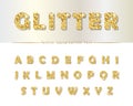 Golden glitter font on white. Modern decorative alphabet for festive design. Girly.