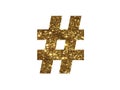 Golden glitter of isolated hand writing word HASHTAG symbol