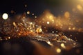 Golden glitter lights and sparkles on isolated on dark background. Gold glitter dust defocused texture. Abstract sparkle Royalty Free Stock Photo