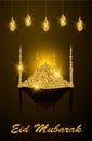 Golden glitter mosque and lanterns with greeting lettering Eid Mubarak, greeting card, muslim