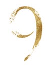 Golden glitter number 9 with dispersion effect isolated illustration