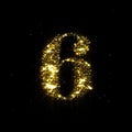 Golden glitter number 6, sparkling gold light and glowing gold particles shine font. Number six of shimmering sequins and glow