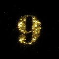 Golden glitter number 9, sparkling gold light and glowing gold particles shine font. Number nine of shimmering sequins and glow