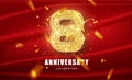 8 Golden glitter numbers and Anniversary Celebration text with golden confetti on red background. Eighth anniversary