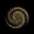 Golden glitter particles rotate in a circle on a black background. A sparkling, radiant swirl of glittering particles Royalty Free Stock Photo