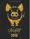 Golden glitter pig icon New Year card Vector. Shiny sparkle holiday invitation cards dark backgrounds