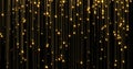 Golden glitter rain, bright light shine on gold threads. Glowing glittering lights curtain, shiny sparkling light shimmer Royalty Free Stock Photo