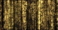 Golden glitter rain, gold particles threads curtain on black background. Luxury gold glitter light with bokeh sparks shimmer Royalty Free Stock Photo