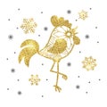 Golden glitter rooster and snowflakes on white background. Symbol of the Chinese New Year.