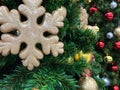 Golden glitter snow flake shape and variety fantasy Christmas ornament balls Royalty Free Stock Photo
