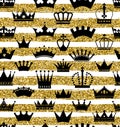 Golden glitter texture with hand draw white lines and crowns seamless pattern in gold style. Celebration metallic Royalty Free Stock Photo