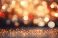Golden glitter lights bokeh abstract background, shiny blurred festive holiday texture backdrop