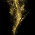 Golden glitter wave twist or sparkling particles mist or flame wave in space light. Vector abstract gold shine spiral twirl trace Royalty Free Stock Photo