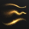 Golden glittering dust tails. Shimmering gold waves with sparkles vector set