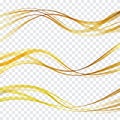 Golden glittering dust tails. Shimmering gold waves with sparkles vector set.