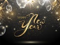 Golden Glittering Font of Happy New Year Text with White Transparent Balloons, Stars and Lights Effect