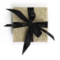 Golden glittering gift box package with black ribbon bow isolated on white background, top view Royalty Free Stock Photo